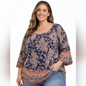 Bila XXL Boho Paisley Tunic Blouse Navy Orange 3/4 Sleeve Plus Size Flowy Hippie